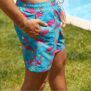 Men’s Flamingo Print Pink Blue tropical Miami Swim Trunks XL